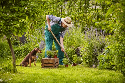 Gardener carrying out safe outdoor maintenance with protective equipment